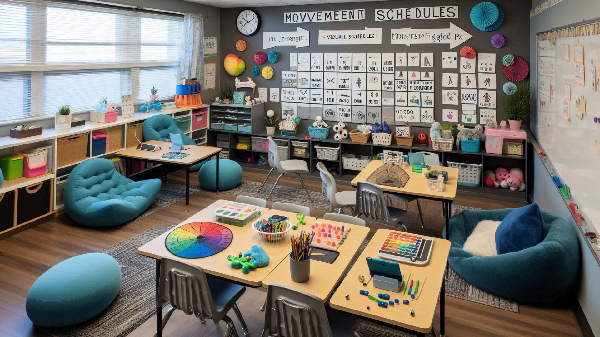 An ADHD-friendly classroom with movement spaces, visual schedules, and flexible seating An ADHD-friendly classroom with movement spaces, visual schedules, and flexible seating