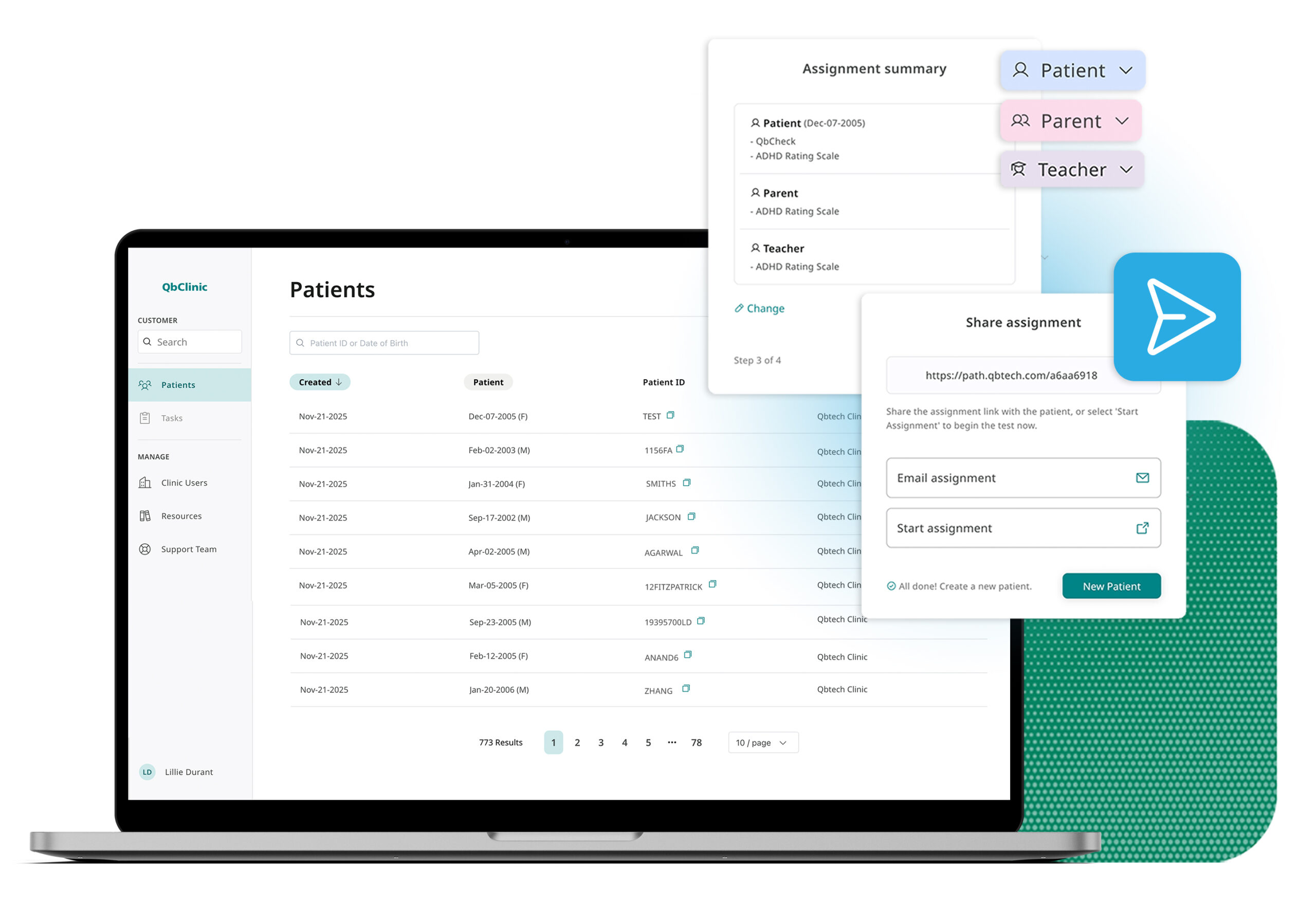 Preview of QbClinic, a clinician portal used to administer QbCheck ADHD tests and monitor patient progress