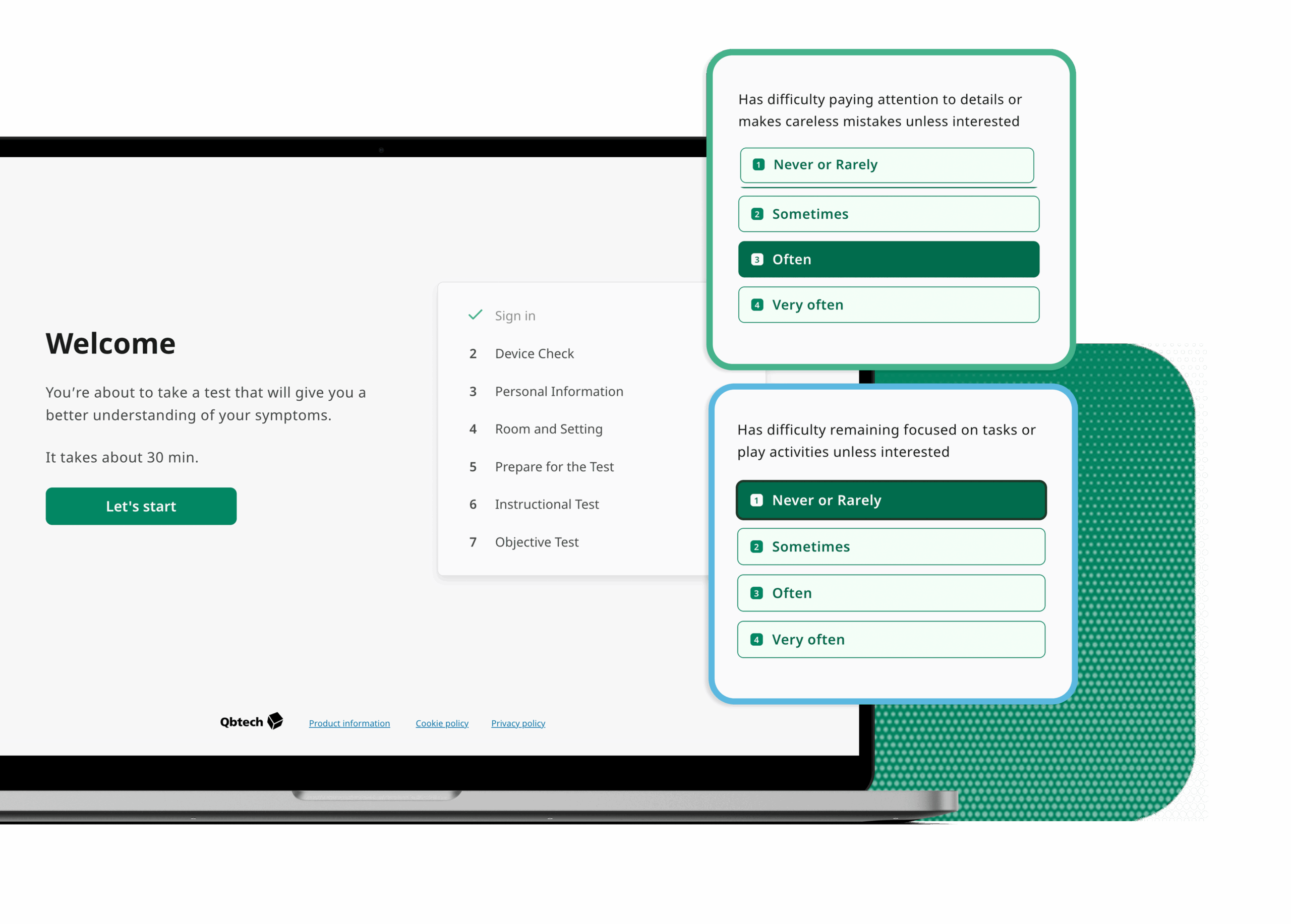 Showing QbCheck welcome screen and set up instructions